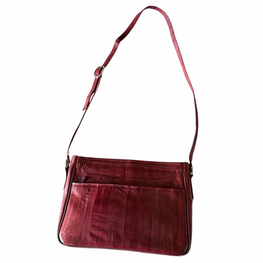 Vintage burgundy red eelskin leather purse long strap crossbody maroon hand bag